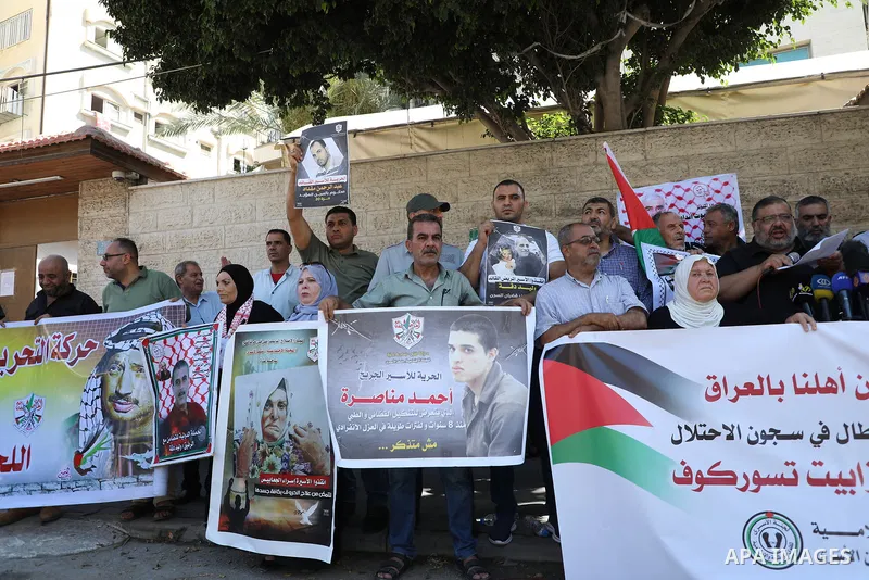 Palestinians take part in a protest in solidarity with prisones held in Israeli Jails in front of Red Cross Office in Gaza city on July 17, 2023. Over the past five decades, Israel, has detained over 800,000 Palestinians...
