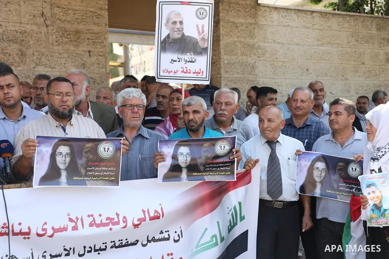 Palestinians take part in a protest in solidarity with prisones held in Israeli Jails in front of Red Cross Office in Gaza city on July 17, 2023. Over the past five decades, Israel, has detained over 800,000 Palestinians...