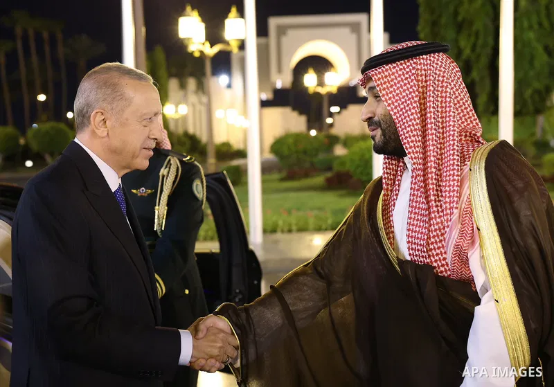 Saudi Arabia's Crown Prince Mohammed bin Salaman welcoming Turkey's President Recep Tayyip Erdogan in Jeddah on July 17, 2023. Photo by Turkish presidency \ apaimages