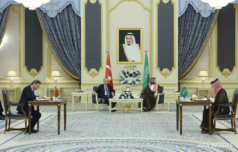 Saudi Arabia's Crown Prince Mohammed bin Salaman welcoming Turkey's President Recep Tayyip Erdogan in Jeddah on July 17, 2023. Photo by AK Party\ apaimages