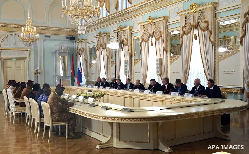 Russia's President Vladimir Putin meets with Interim President of Burkina Faso Ibrahim Traore at the Constantine Palace in Strelna, outside Saint Petersburg, on July 29, 2023. Photo by President of Russia\ apaimages
