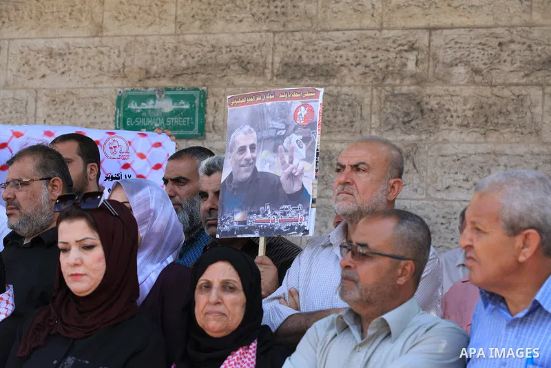 Palestinians take part in a protest in solidarity with prisones held in Israeli Jails in front of Red Cross Office in Gaza city on July 31, 2023. According to the latest figures from Addameer, the Palestinian Prisoner Su...