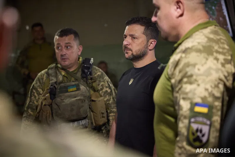 Ukraine's President Volodymyr Zelensky, during the working to to Zaporizhzhia region on August 15, 2023. Photo by PRESIDENT OF UKRAINE\ apaimages
