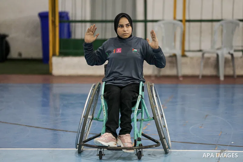 Palestinians women of special needs take part in wheelchair basketball tournament in Gaza city, on August 16, 2023. The refreshing wheelchair basketball tournament for girls with disabilities is organized by the Palestin...