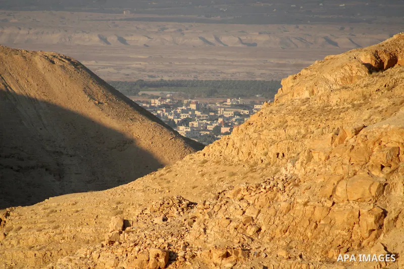 Monastery of Saints George or Wadi Qelt are seen in the desert between Jerusalem and Jericho on August 27, 2023. St. George's Monastery is a Greek Orthodox cliff-hanging complex carved into a sheer rock wall in the Judae...