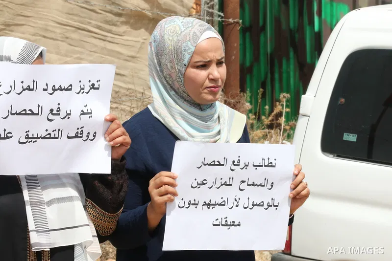 Palestinians farmers take part in a protest against the Israeli blockade, in Al-Bureij refugee camp in the central Strip on August 31, 2023. Gaza’s 2.3 million people are suffering from a 16-year Israeli blockade. Photo...