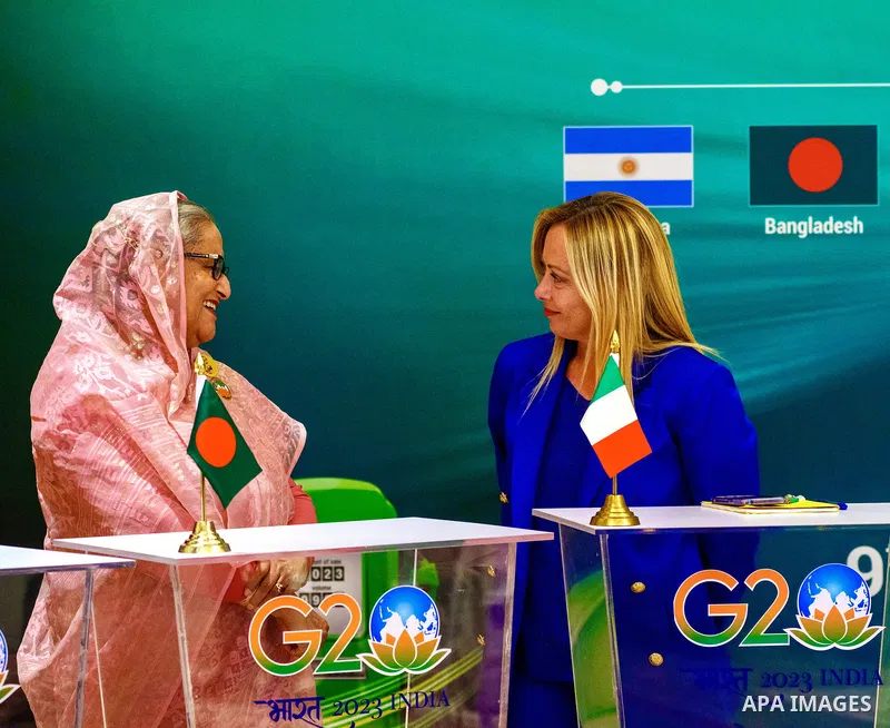 EDITORIAL USE ONLY - Italian President of the Council of Ministers, Giorgia Meloni, attended the G20 Summit of Heads of State and Government in New Delhi on 9 and 10 September. On 8 September, President Meloni met with t...