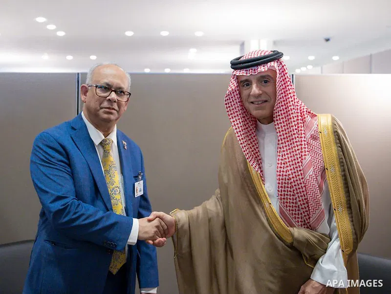 Saudi Minister of State for Foreign Affairs Adel Al-Jubeir meets with the Minister of Foreign Affairs of the Republic of Suriname, on the sidelines of the 78th session of the United Nations General Assembly in New York C...