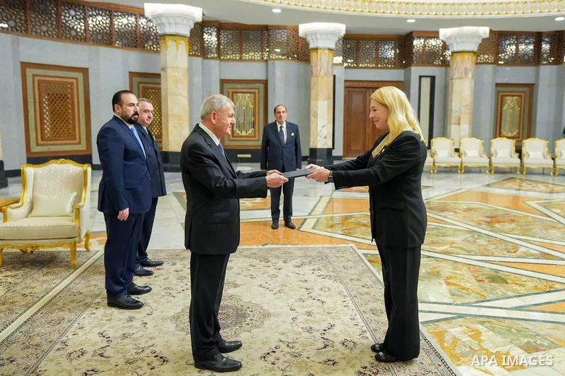 Iraqi President Abdul Latif Jamal Rashid receives the credentials of the ambassadors of Tunisia, Palestine, Germany and Canada, in Iraq on October 02, 2023. Photo by Iraqi Presidency Office\ apaimages.