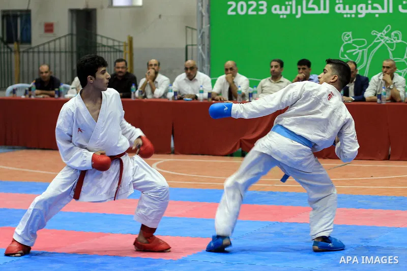 Palestinians participate in the Southern Governorates Karate Championship, in Gaza city, on October 6, 2023. Photo by Ali Hamad \ apaimages