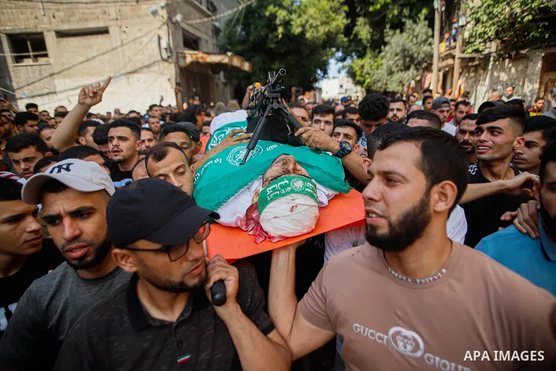 Mourners carry the bodies of Palestinians killed in the latest infiltration operation into Israel, in North of Gaza City on October 7, 2023. Palestinian militants have begun a "war" against Israel which they infiltrated...