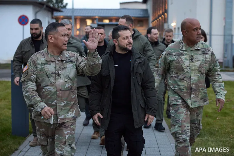 Ukraine's President Volodymyr Zelensky upon his arrival at the U.S. Army Command in Europe in Wiesbaden during a surprise vist to Germany, on December 14, 2023. As Kyiv tries to ensure continued Western support for the e...