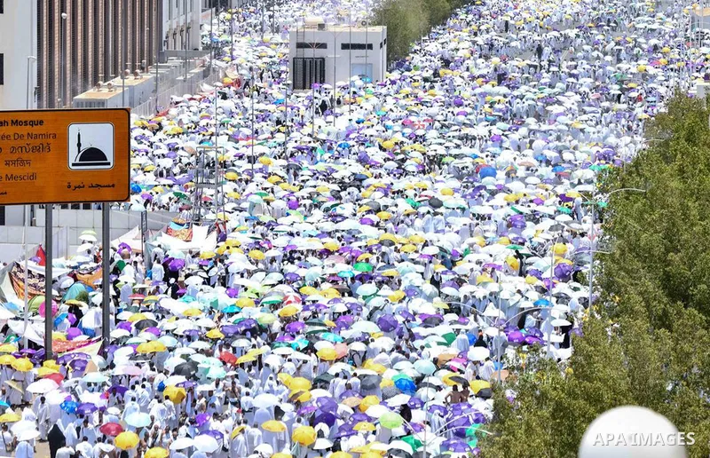 Mulism pilgrims gather around the Namirah mosque near the Mount Arafat, also known as Jabal al-Rahma or Mount of Mercy, during the climax of the Hajj pilgrimage on June 27, 2023. The ritual is the high point of the annua...