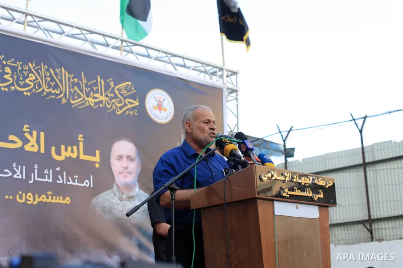 Supporters of the Palestinian group Islamic Jihad gather during a protest in Gaza City following an Israeli West Bank raid on June 19, 2023. Israeli forces in the occupied West Bank killed five Palestinians, in a raid th...