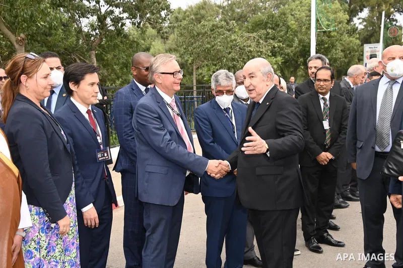 Algerian President Abdelmadjid Tebboune attends the Algiers International Fair in Algeria on June 20, 2023. Photo by Algerian Presidency Office