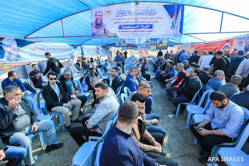 Palestinian offer condolences at a mourn tent after the death of hunger striker Khader Adnan who was in Israeli Jails, in Gaza city on May 2, 2023. Palestinian prisoner in Israel, Khader Adnan, 44, is dead after 86 days...