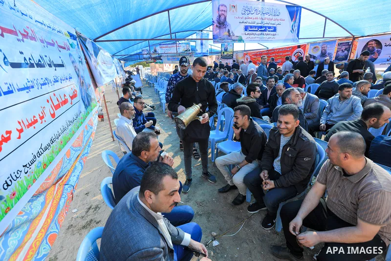 Palestinian offer condolences at a mourn tent after the death of hunger striker Khader Adnan who was in Israeli Jails, in Gaza city on May 2, 2023. Palestinian prisoner in Israel, Khader Adnan, 44, is dead after 86 days...