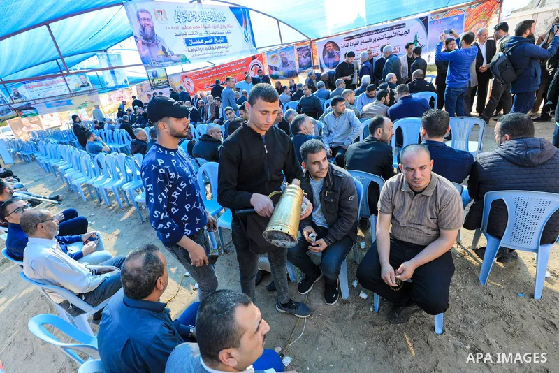 Palestinian offer condolences at a mourn tent after the death of hunger striker Khader Adnan who was in Israeli Jails, in Gaza city on May 2, 2023. Palestinian prisoner in Israel, Khader Adnan, 44, is dead after 86 days...