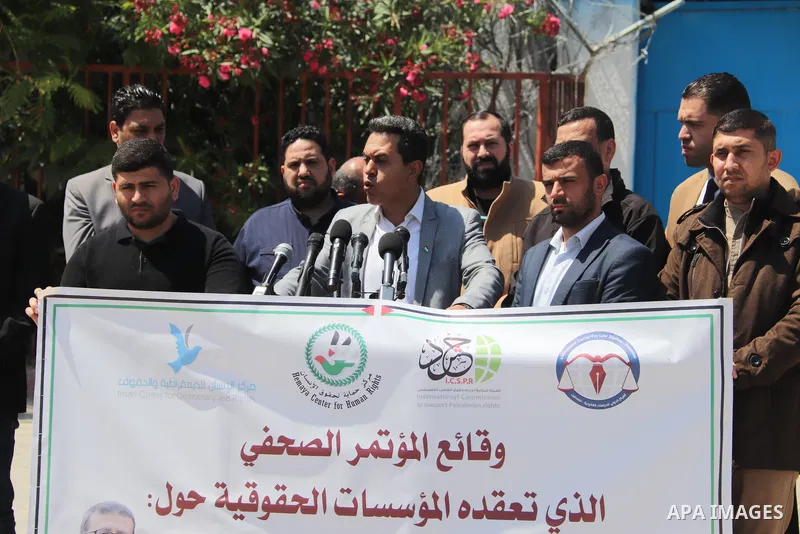 Palestinians take part in the press conference about the death of a hunger striker Khader Adnan who was in Israeli Jails in front of the UNSCO building in Gaza City on May 3, 2023. Photo by Omar Al-Dirawi\ apaimages