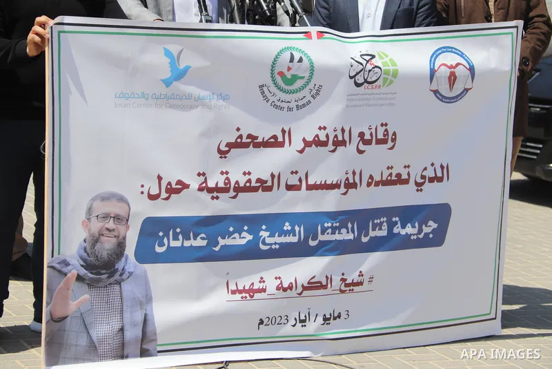 Palestinians take part in the press conference about the death of a hunger striker Khader Adnan who was in Israeli Jails in front of the UNSCO building in Gaza City on May 3, 2023. Photo by Omar Al-Dirawi\ apaimages