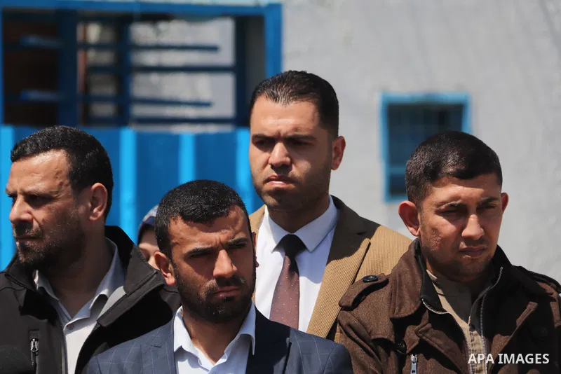 Palestinians take part in the press conference about the death of a hunger striker Khader Adnan who was in Israeli Jails in front of the UNSCO building in Gaza City on May 3, 2023. Photo by Omar Al-Dirawi\ apaimages