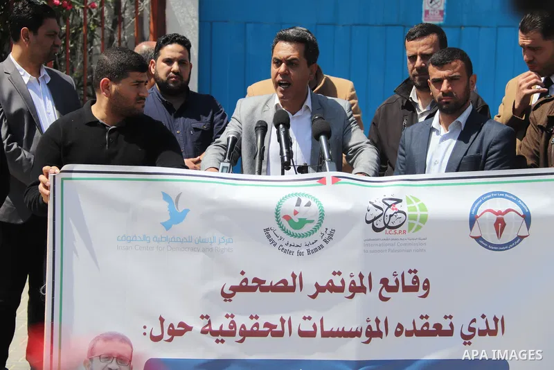 Palestinians take part in the press conference about the death of a hunger striker Khader Adnan who was in Israeli Jails in front of the UNSCO building in Gaza City on May 3, 2023. Photo by Omar Al-Dirawi\ apaimages