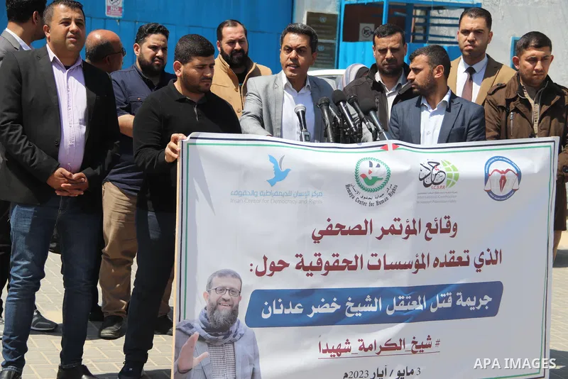 Palestinians take part in the press conference about the death of a hunger striker Khader Adnan who was in Israeli Jails in front of the UNSCO building in Gaza City on May 3, 2023. Photo by Omar Al-Dirawi\ apaimages