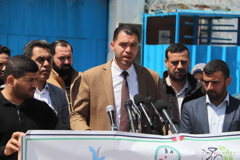 Palestinians take part in the press conference about the death of a hunger striker Khader Adnan who was in Israeli Jails in front of the UNSCO building in Gaza City on May 3, 2023. Photo by Omar Al-Dirawi\ apaimages
