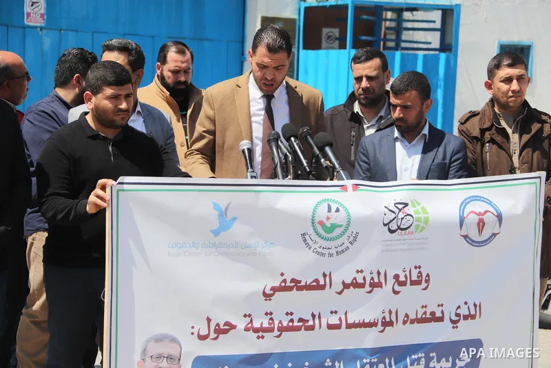 Palestinians take part in the press conference about the death of a hunger striker Khader Adnan who was in Israeli Jails in front of the UNSCO building in Gaza City on May 3, 2023. Photo by Omar Al-Dirawi\ apaimages