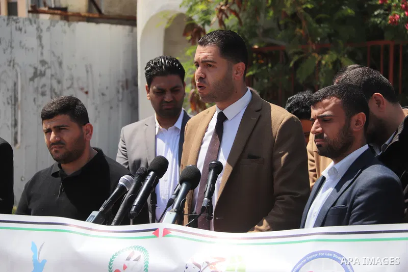 Palestinians take part in the press conference about the death of a hunger striker Khader Adnan who was in Israeli Jails in front of the UNSCO building in Gaza City on May 3, 2023. Photo by Omar Al-Dirawi\ apaimages