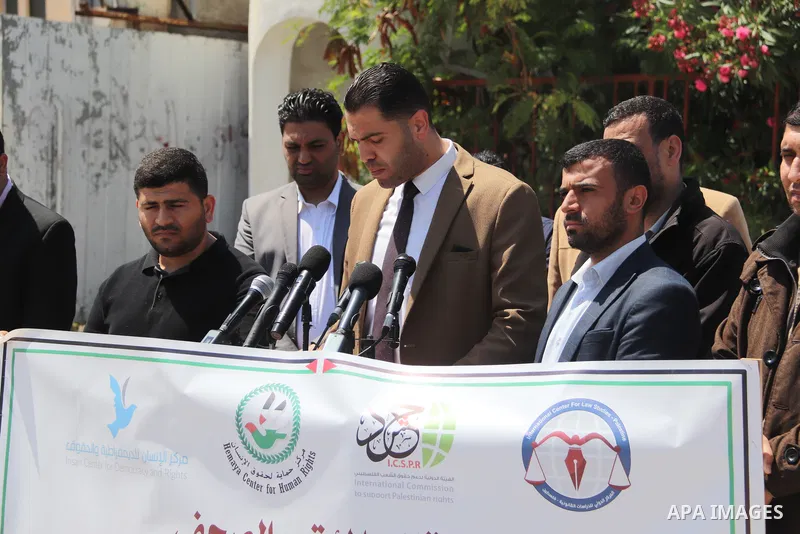 Palestinians take part in the press conference about the death of a hunger striker Khader Adnan who was in Israeli Jails in front of the UNSCO building in Gaza City on May 3, 2023. Photo by Omar Al-Dirawi\ apaimages