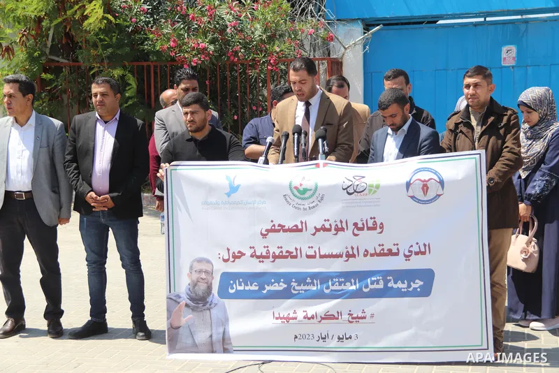 Palestinians take part in the press conference about the death of a hunger striker Khader Adnan who was in Israeli Jails in front of the UNSCO building in Gaza City on May 3, 2023. Photo by Omar Al-Dirawi\ apaimages