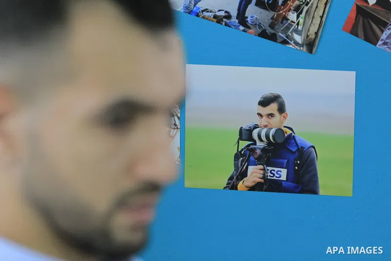 A Palestinian journalist photographer Moutasem brother of Journalist Yasser Murtaja's who was shot killed by Israeli forces during protests at the Gaza-Israel border on 2018, works at his office during World Press Freedo...