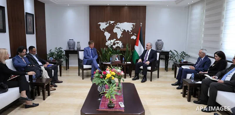 Palestinian Prime Minister Mohammad meets with Representative of the European Union to the State of Palestine, Sven Kühn von Burgsdorff in the West Bank city of Ramallah on May 4, 2023. Photo by Shadi Hatem\ apaimages