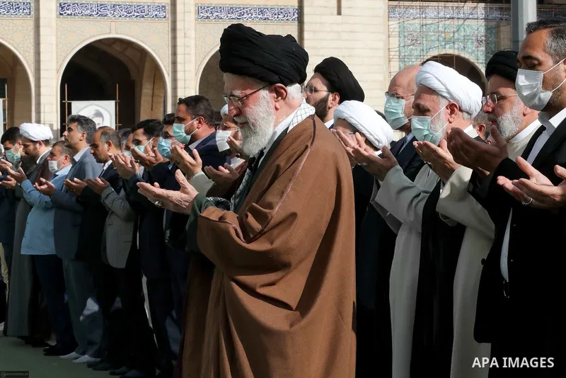 This handout picture provided by the office of Iranian Supreme Leader Ayatollah ALI KHAMENEI on April 22, 2023, shows KHAMENEI attends Eid al-Fitr prayer in Tehran, Iran. Photo by Iranian Supreme Leader Office/APAimages