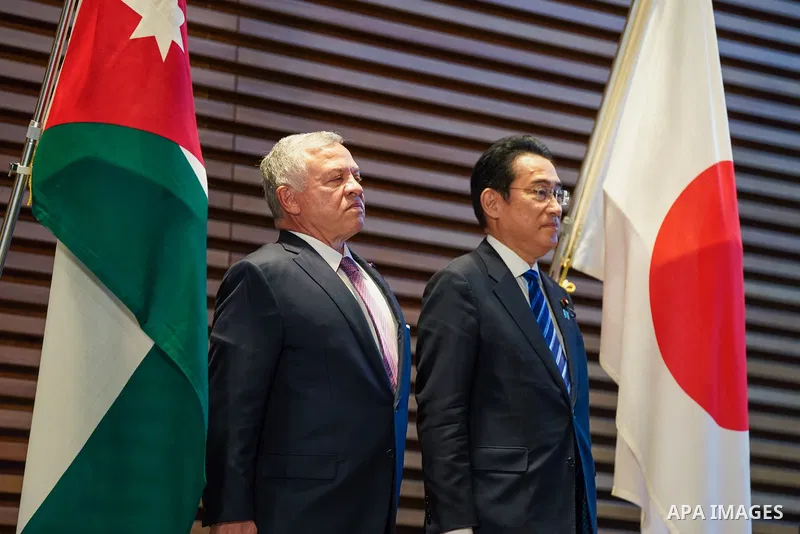 Jordan's King Abdullah II holds talks with Japanese Prime Minister Fumio Kishida in Tokyo on April 11, 2023. Photo by Royal Hashemite Court/APAimages