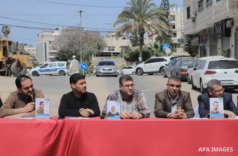 Palestinians take part take part in a protest to solidarity with prisoners held in Israeli jails, in front of Red cross office in Gaza city on April 10, 2023. More than 4,780 prisoners are currently incarcerated in Israe...