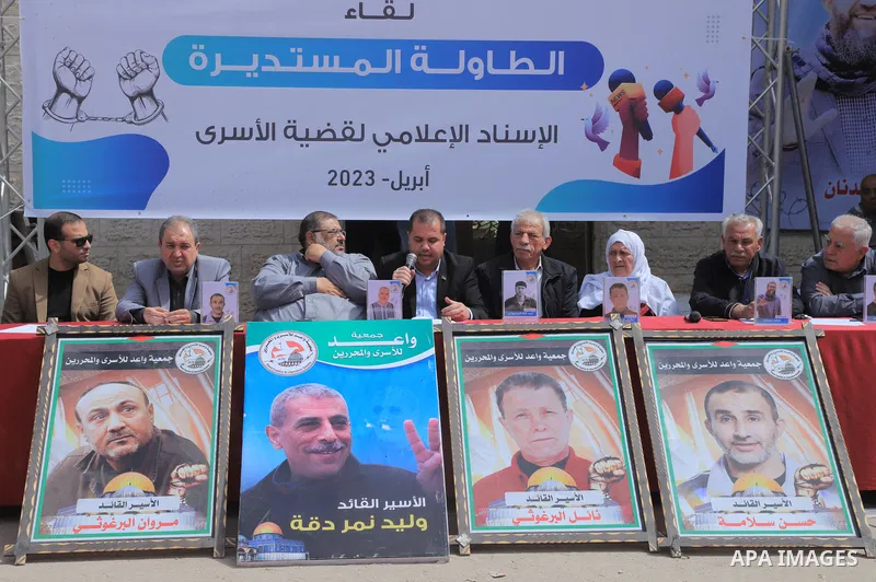 Palestinians take part take part in a protest to solidarity with prisoners held in Israeli jails, in front of Red cross office in Gaza city on April 10, 2023. More than 4,780 prisoners are currently incarcerated in Israe...