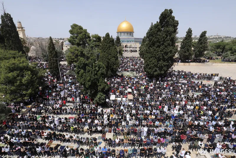 Palestinian Muslims attend the third Friday Noon prayer of the Islamic holy fasting month of Ramadan at Al-Aqsa Mosque in Jerusalem on April 7, 2023. Photo by Department of Islamic Awqaf in Jerusalem\ apaimages