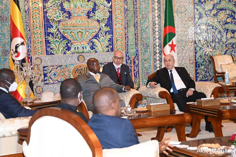 Algerian President Abdelmadjid Tebboune meets with President of the Republic of Uganda, Yoweri Kaguta Museveni, in Algeria on March 11, 2023. Photo by Algerian Presidency Office