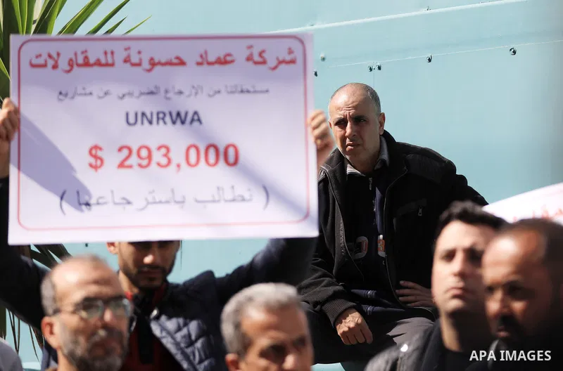 Members of the Palestinian Contractors Union hold a press conference on the boycott of United Nations Relief and Works Agency (UNRWA) tenders and projects in Gaza city on 19 February 2023. The Contractors Union in Palest...