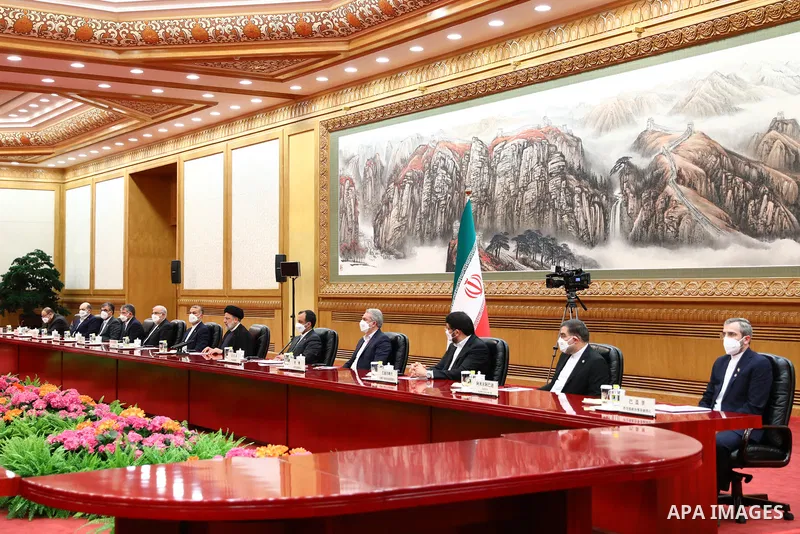 Iranian President Ebrahim Raisi and Chinese President Xi Jinping attend meeting of the high-ranking delegations of Iran and China, in Beijing on Feb. 14, 2023. Photo by Iranian Presidency Office/APAimages