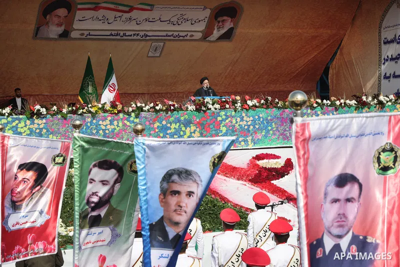Iranian President Ebrahim Raisi speaks at magnificent gathering of demonstrators at Anniversary of the Iranian Revolution in Iran on February 11, 2023. Photo by Iranian Presidency Office