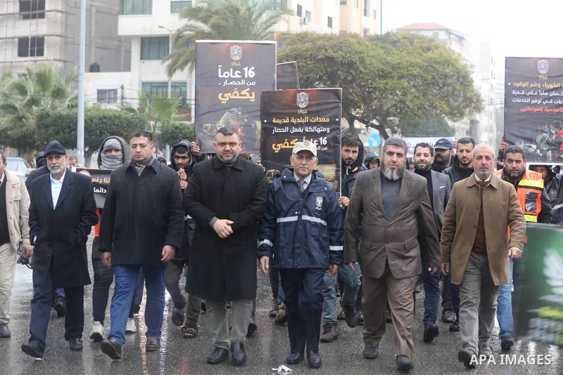 Palestinian mayors and workers take part in a protest against the Israeli blockade on the Gaza Strip, in front of the UNSCO headquarters in Gaza City, on January 31, 2023. Gaza’s 2.3 million people are suffering from a 1...