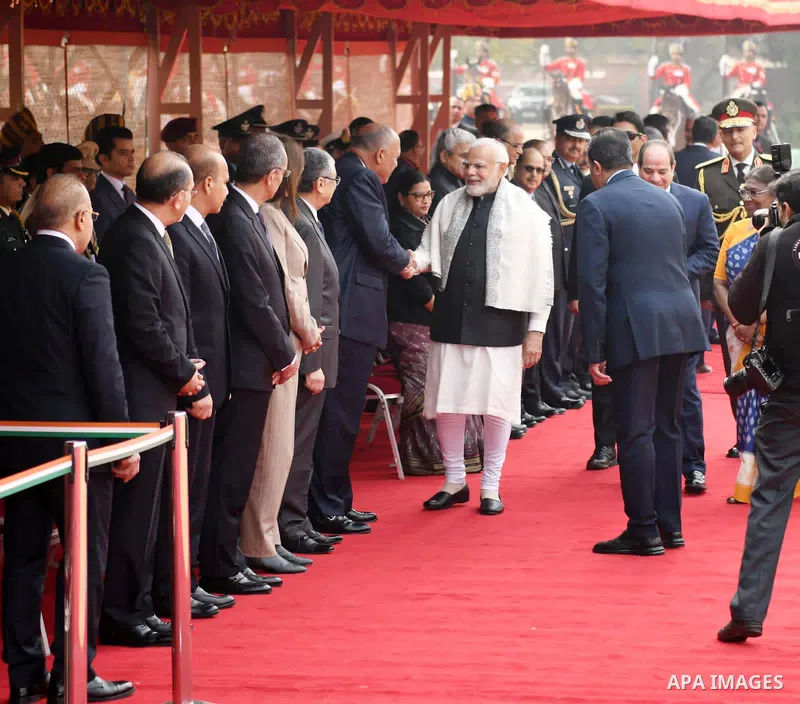 Egyptian President Abdel Fattah El-Sisi meets Indian Prime Minister Narendra Modi in New Delhi on January 25, 2023. Photo by Egyptian President Office/APAimages