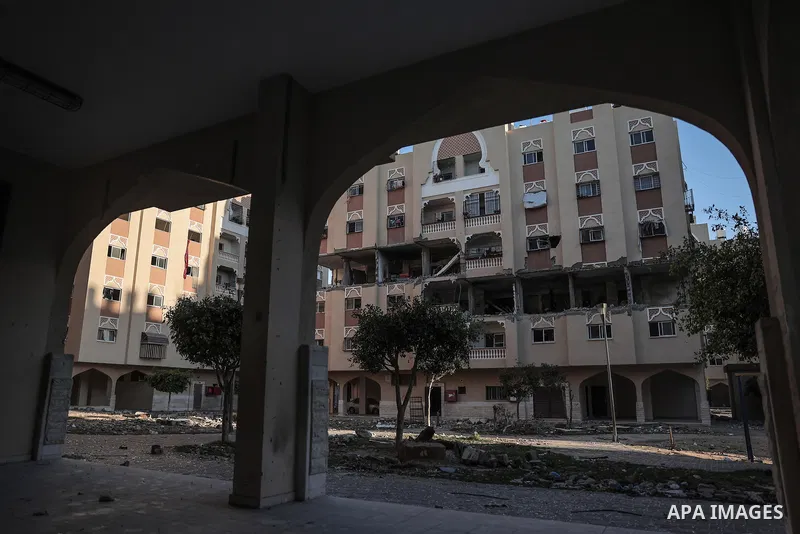 A view of the Qatari-funded Hamad Town residential complex in Khan Yunis in the southern Gaza Strip, on January 06, 2024. Residents were flee their homes after an Israeli raid completely destroyed more than 6 residential...