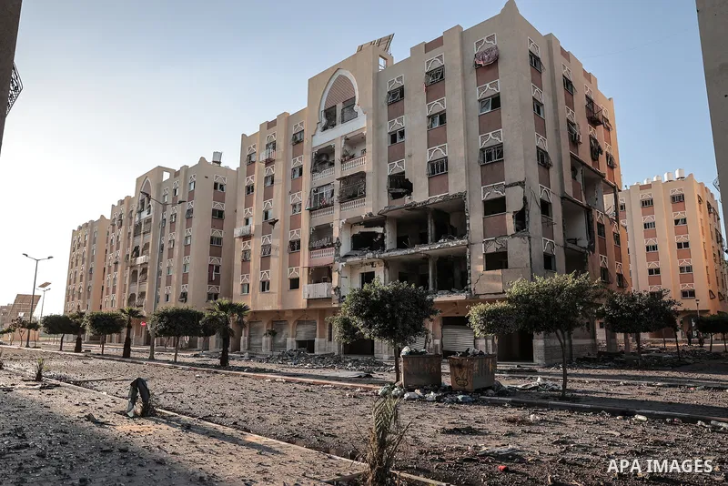 A view of the Qatari-funded Hamad Town residential complex in Khan Yunis in the southern Gaza Strip, on January 06, 2024. Residents were flee their homes after an Israeli raid completely destroyed more than 6 residential...