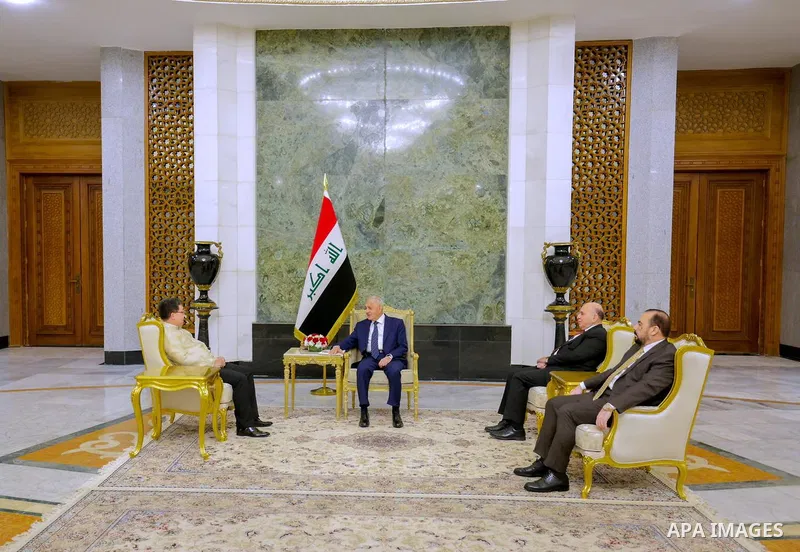 Iraqi President Abdul Latif Jamal Rashid receives the credentials of the new ambassadors of the Philippines, Charlie Paknyan Manangan, Australia, Glen Andrew Miles, and France, Patrick Durrell, in the presence of His Exc...