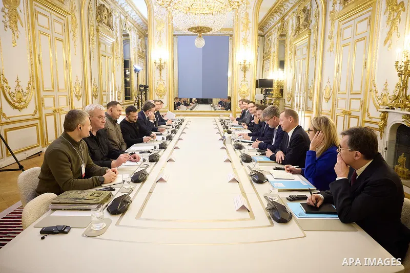 French President Emmanuel Macron welcomes Ukrainian President Volodymyr Zelenskyy with an official ceremony at the Elysee Palace in Paris, France on February 16, 2024. Photo by PRESIDENT OF UKRAINE\ apaimages