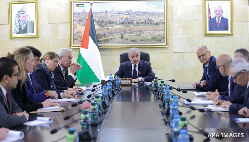Palestinian Prime Minister Mohammad Shtayyeh meets with international partners, in the presence of the United Nations Special Coordinator for the Middle East Peace Process, Tor Wensland, the European Union Representative...